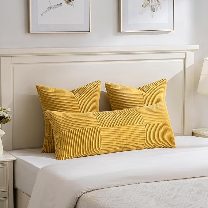 Fancy Homi Set of 1 Gold Yellow Boho Long Lumbar Body Decorative Throw Pillow Cover 21x54 Inch for Bed Couch Bedroom Bench, Soft Patchwork Corduroy Textured Pillow Case, Rustic Farmhouse Room Decor