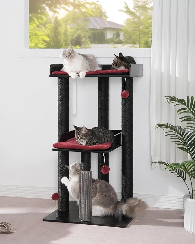 FourFurPets 43.7" Modern Cat Tree, Cat Tower for Large Cats, Wood Cat Tree | Maine Coon Cat Tree, Cat Tower with Scratching Post, Large Perch and Removable Pads, Black&Red