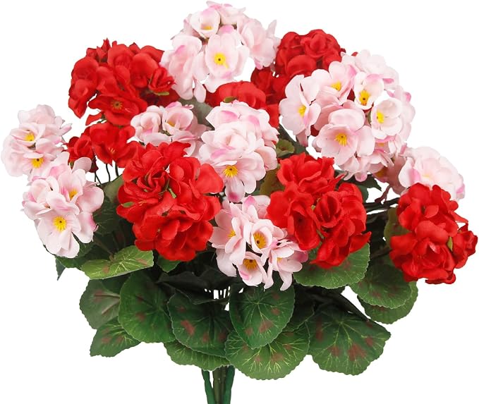 CISDUEO 4 Pcs Artificial Geranium Outdoors Silk Flowers Outside Red Pink | UV Resistant Fake Geraniums Bush Faux Flowers for Planter Outdoor Decor Indoor Garden Patio Table Centerpiece