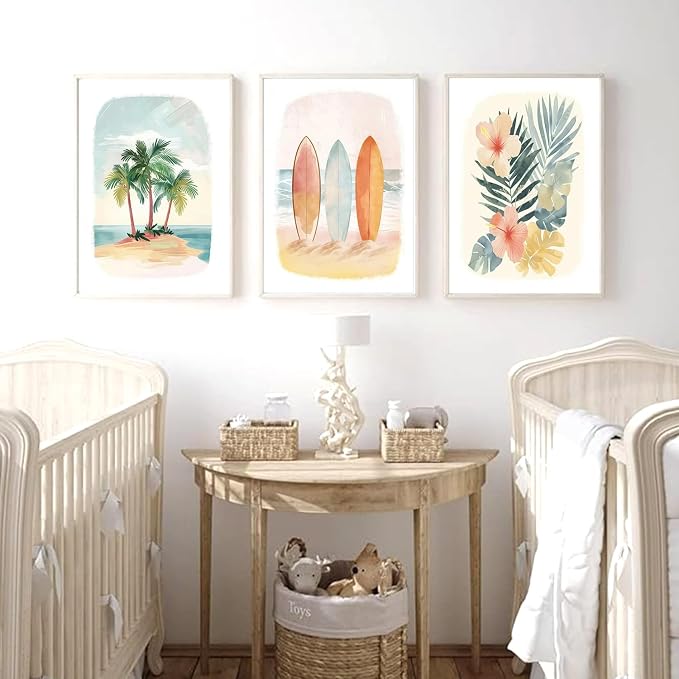 Beach Nursery Poster, Set of 6 Ocean Kids Wall Art Watercolor Summer Surf Wall Decor Beachy Boys Room Decor Funny Teen Coastal Surfboard Canvas Prints Aesthetic Unframed 8x10 inch