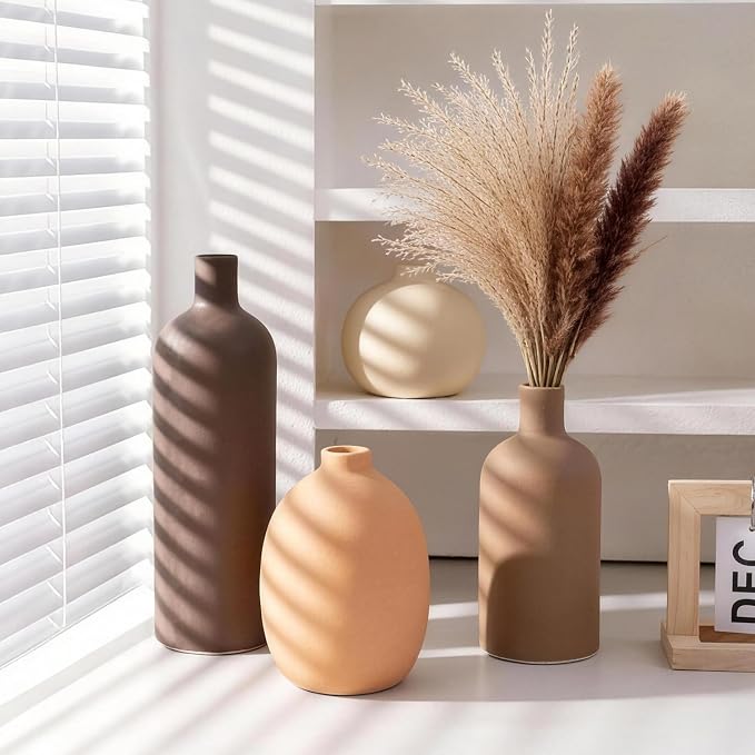 Neutral Ceramic Vase Set of 4, Modern Colors Home Decor, Rustic Farmhouse Decorative Flowers Vases for Bouquet, Pampas | Table Mantel Centerpiece Bookshelf Living Room Bedroom (Neutral Mix Set of 4)