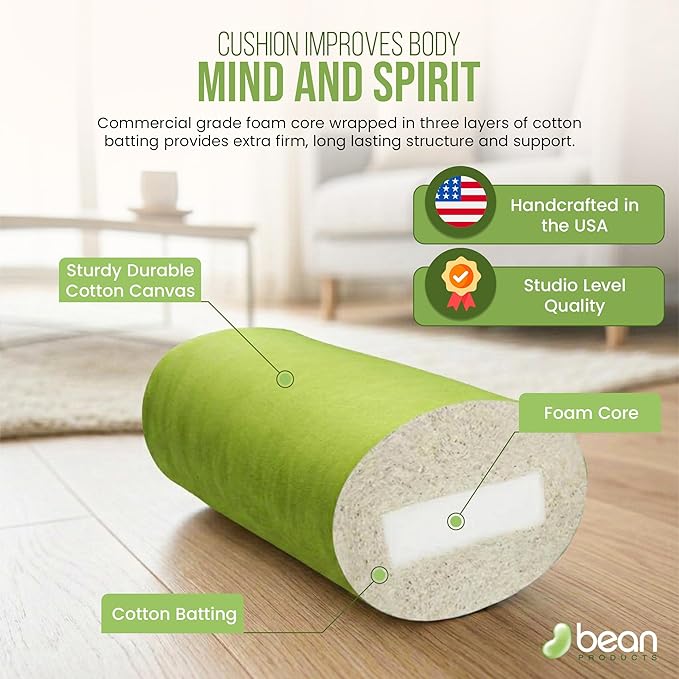 Bean Products Cotton Batting Yoga Bolster - Studio Grade Round or Rectangular Restorative Yoga Pillow for Pilates and Yin Practice - Soft Yet Firm Support with Cotton Cover - Made in The USA