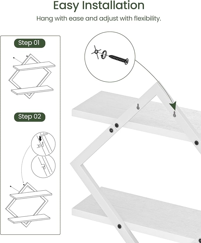 Floating Shelves, Set of 2 Wall Shelves, 2-Tier Hanging Shelves, Wall Shelf Set of 2, for Living Room, Bedroom, Kitchen, Office, Study, White TBJ01P2WB