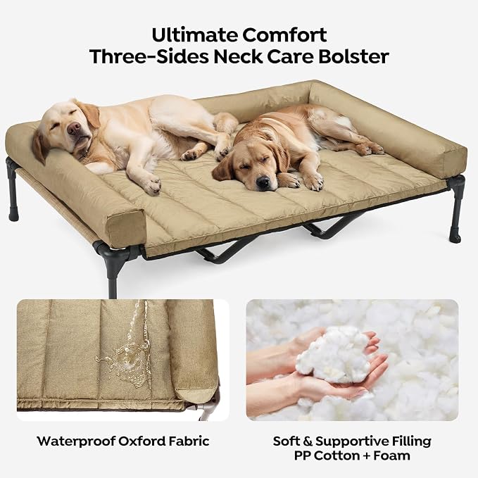 Veehoo Outdoor Elevated Dog Bed with Waterproof Bolster Cushion, Cooling | Raised Dog Bed with Removable & Washable Mat Topper, Breathable Mesh, Dog Couch Cot for Indoor Outdoor, 59", Large, Beige