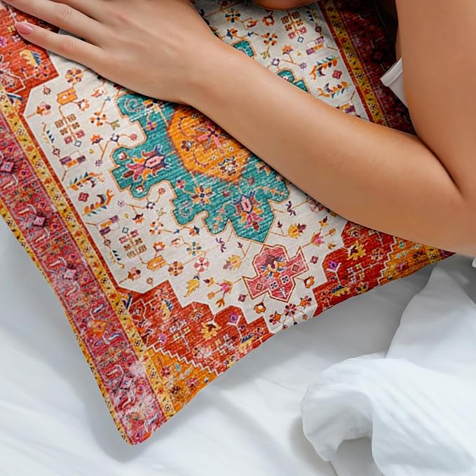 Boho Throw Pillow Covers 24x24 inch Set of 2,Soft Pillowcases Bohemia Carpet Printing Pattern Decorative Sofa Living Room Bed Square Pillow Case Cushion Cover-Reddish Orange