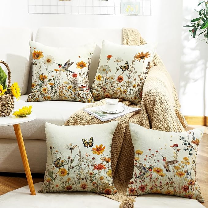 wyooxoo Spring Pillow Covers 16x16 Set of 4 Farmhouse Summer Throw Pillow Covers Floral Decorative Cushion Cases for Sofa Couch Outdoor Bedroom