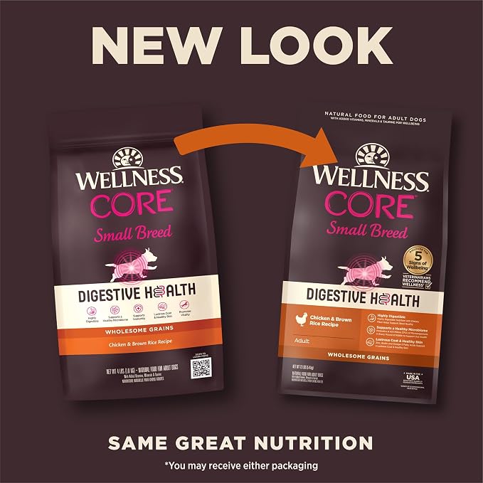 Wellness CORE Digestive Health Small Breed Adult Dry Dog Food, Wholesome Grain Kibble, Sensitive Stomach, Natural, High Protein, Chicken Recipe, 12 lb Bag