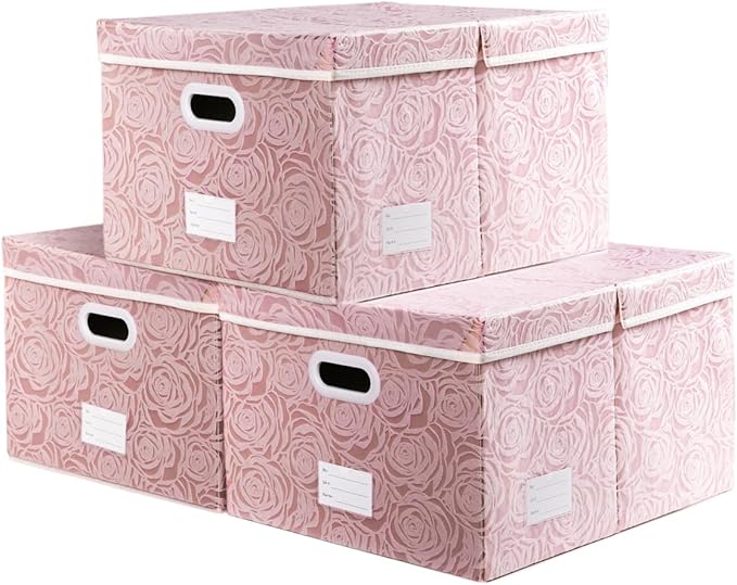Jumbo Collapsible Storage Boxes with Lids Fabric Decorative Storage Bins Cubes Organizer Baskets with Cover Handles Divider for Bedroom Closet Living Room 23.2x15.7x11.8 Inch 3 Pack