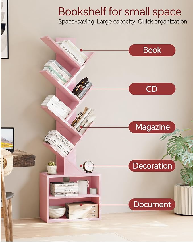 SUNMORY 6 Tier Tree Bookshelf, Tall Small Bookcase with Storage Cabinet | Modern Narrow Bookshelves Organizer, Floor Standing Book Case Shelf for Bedroom Living Room Home Office Corner, Pink
