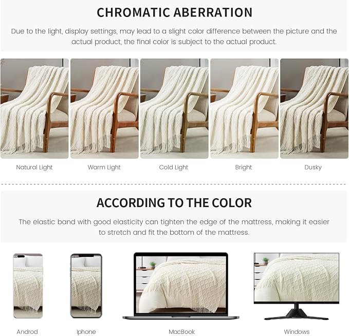 BOURINA White Throw Blanket 50 x70 Inch Jacquard Throw Knitted Blanket | Jacquard Argyle Throw Textured Solid Soft Throws and Blankets for Sofa or Bed Knitted Decorative Blanket
