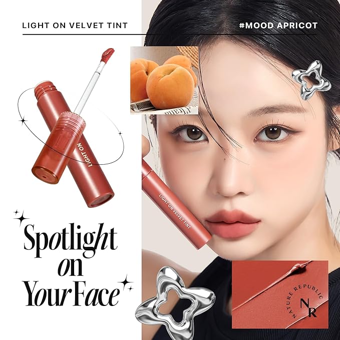 Nature Republic Light on Velvet Tint (04 MOOD APRICOT) | High Pigment, Weightless Lip Tint with Velvety Matte Finish, Smooth Texture, Non-Sticky Formula, Stocking Stuffers