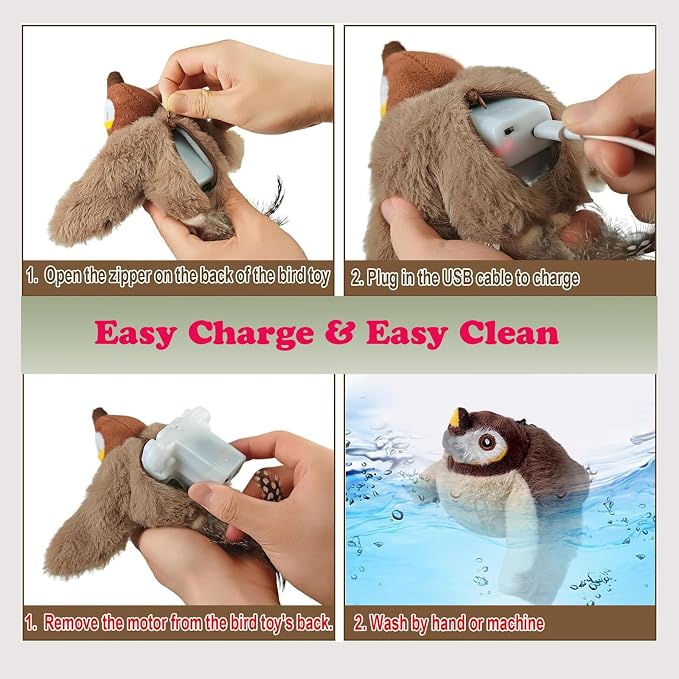Interactive Chirping Bird Cat Toys with Flapping Wings,No Flying Birds Cats Toy, Flying Simulation Electric Sparrow Shaking Hunting Pet Toy for Indoor (Brown Upgrade)