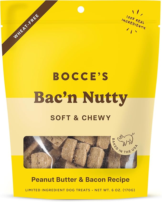 Bocce's Bakery Bac'n Nutty Soft & Chewy Dog Treats, PB & Bacon Flavor (6oz) | Oven Baked, Wheat-Free Everyday Dog Treat Cookies - Made with Real, Limited Ingredients and Baked in The USA