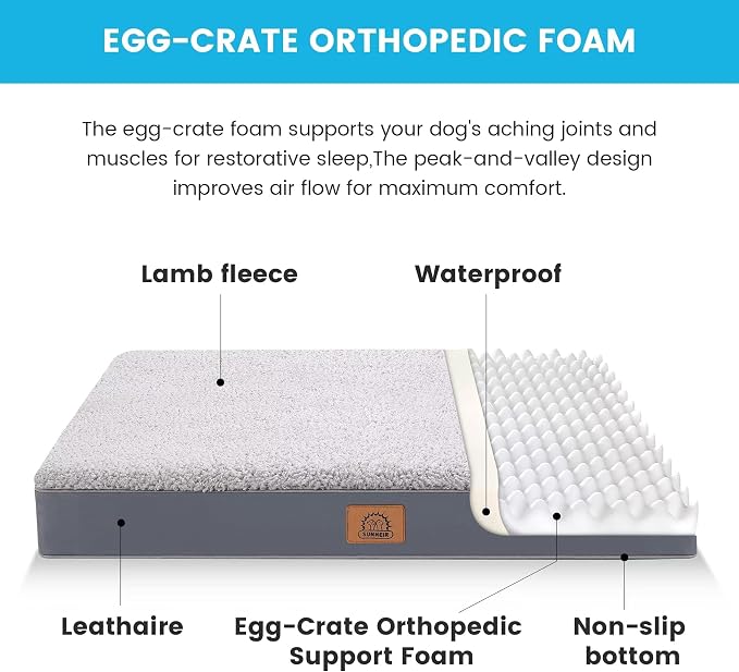 Sunheir Orthopedic Dog Bed for Large Dogs - Big Waterproof Dog Crate Bed with Removable Washable Cover, Egg Crate Foam Support, Anti-Slip Bottom, Deluxe Plush Pet Bed Mat (Grey) (Pack of 2)