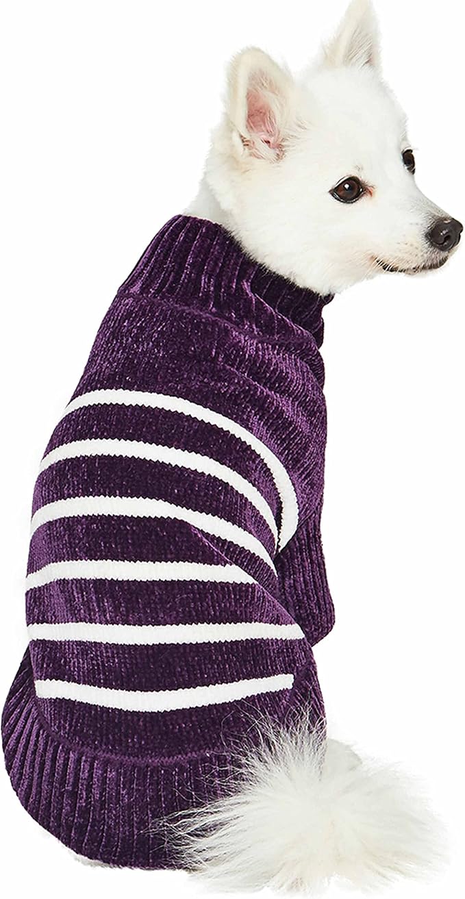 Blueberry Pet Cozy Soft Chenille Classy Striped Dog Sweater in Dark Plum, Back Length 14", Pack of 1 Clothes for Dogs