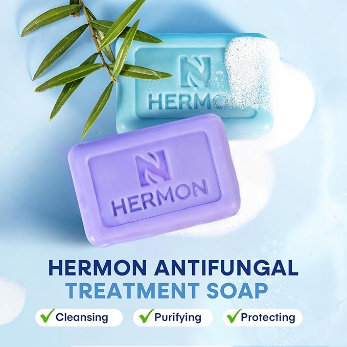 Hermon Antifungal Soap with Tea Tree Oil: Antifungal Treatment Bar Soothing Care & Relief of Itchy for Ringworm, Jock Itch, & Athlete's Foot - Body & Face Wash - Original & Lavender 4Pack