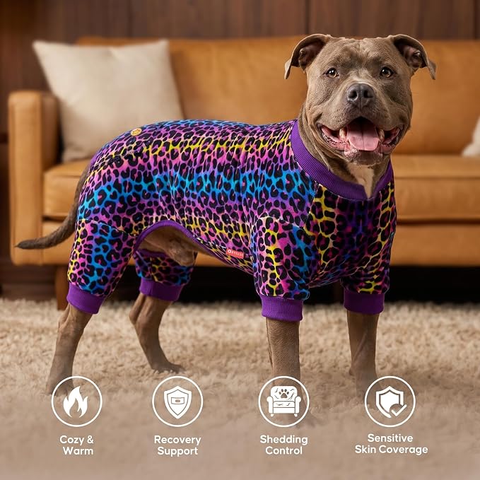 KYEESE Velvet Dog Pajamas for Medium Large Dogs Soft Onesie, Leopard | 4-Way Stretch, Lightweight & Breathable, Reduces Shedding, Gentle on Sensitive Skin, Recovery Support, Easy Potty Breaks