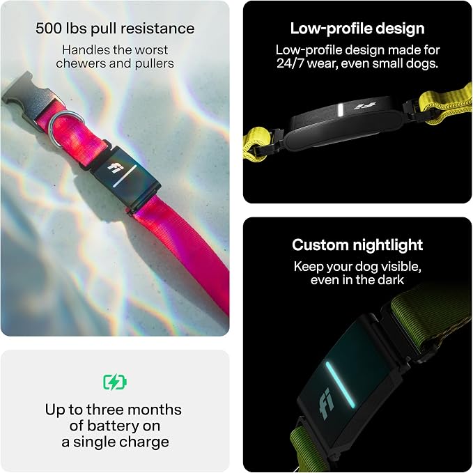 Fi Series 3+ GPS Dog Collar Small Yellow, Tracker with 6-Month Plan | Waterproof build, LED safety light, escape alerts, nationwide coverage, iOS and Android app, activity monitoring