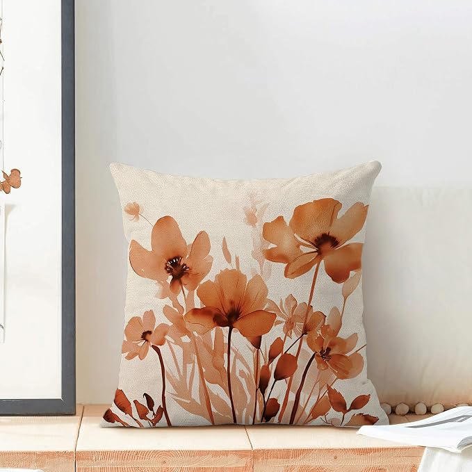 Spring Floral Pillow Covers 18x18 Inches Set of 2,Orange Floral Throw Pillow Covers Outdoor Summer Flower Decoration Pillowcase Farmhouse Decorative Square Linen Cushion Cover for Couch Sofa