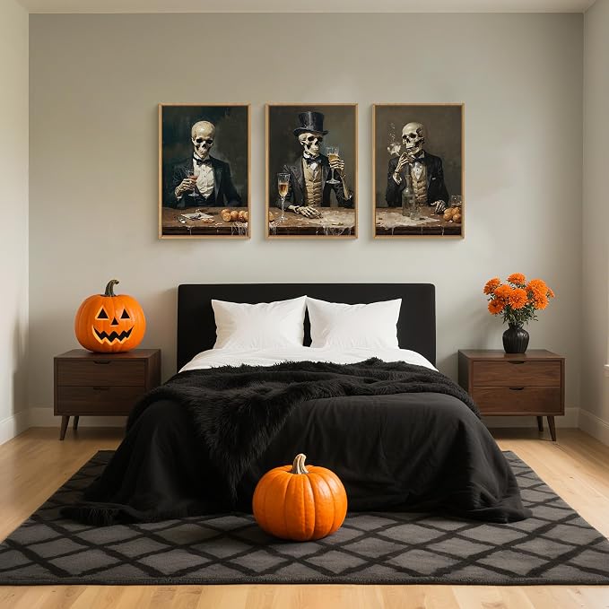 FWIEXA Halloween Skeleton Canvas Wall Art Set of 3, Gothic Skull Framed Painting Artwork, Dark Reaper Prints, Creepy Spooky Decor 16x24In for Party, Bar, Gift, Living Room, Bedroom