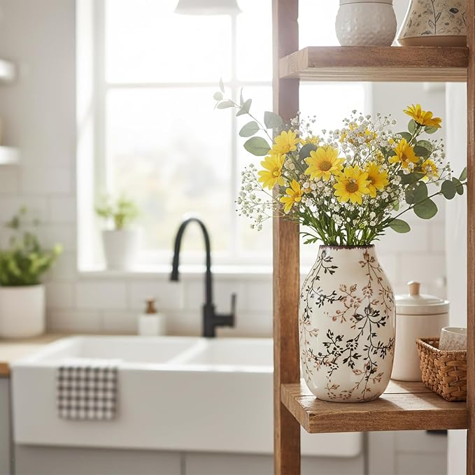 LIFFY Ceramic Vase Green and Beige Vintage Home Decor, Chinoiserie Floral Vase, Rustic Ceramic Large Vases for Home Decors, Living Room, Bookshelf, Office, Chinoiserie Decors, Tuscan Decor 7.5 Inch