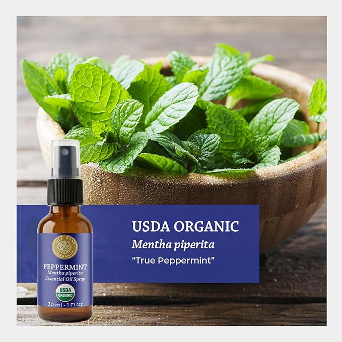 Silk Road Organic Peppermint Essential Oil Spray for Head Tension, Nausea, Morning Sickness, Energy & Focus - 1 oz. USDA Certified Aromatherapy Spray - Always Pure, Always Organic