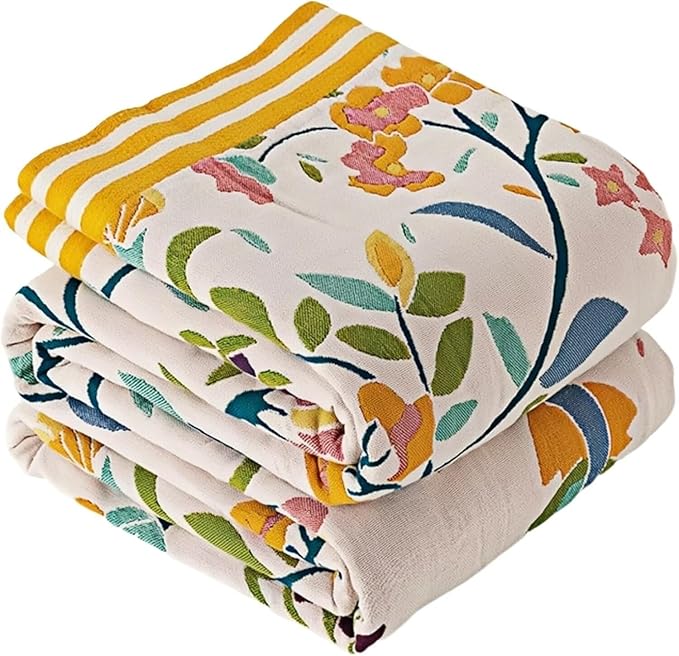 Boho Throw Blanket for Bed 100% Cotton Bohemian Blankets Ultra Soft Woven Muslin Decorative Blankets All Seasons Vintage Quilt Knitted Blanket for Sofa Chair(Yellow, 90"x98")