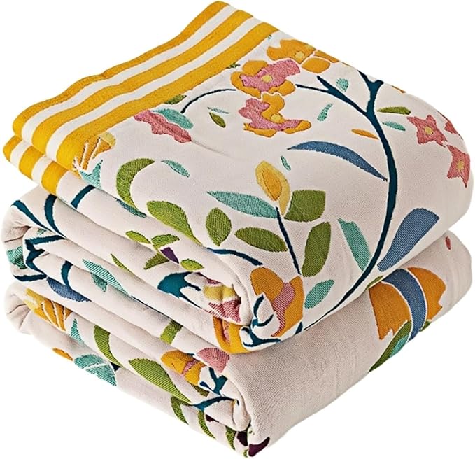 Boho Throw Blanket for Bed 100% Cotton Bohemian Blankets Ultra Soft Woven Muslin Decorative Blankets All Seasons Vintage Quilt Knitted Blanket for Sofa Chair(Yellow, 60"x80")