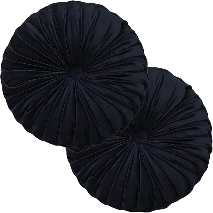 Teieas 2 Pcs Round Throw Pillows Decorative Velvet Pleated Bed Pillows | Boho floor pillows,back support for couch,chair,dorm,car,sofa,home decor 14.96 in black