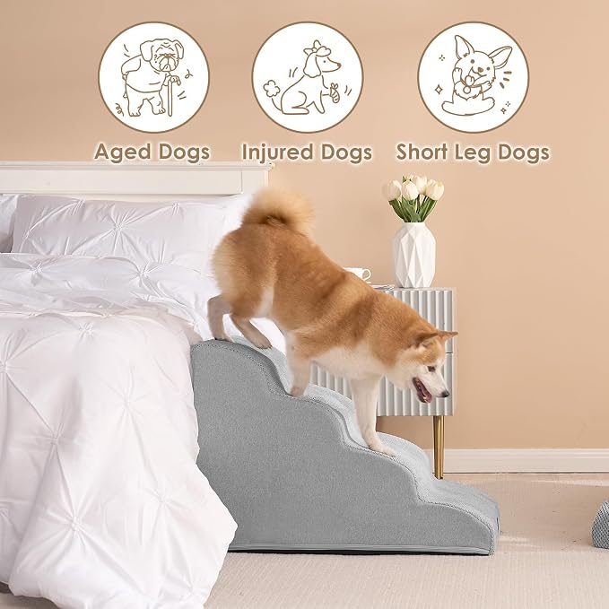 EHEYCIGA Curved Dog Stairs Ramp, 4-Step High Beds, 19.7" H Pet Step | 33D density of pure foam, for Small Dogs and Cats, Pet Stairs for High Bed Climbing, Non-Slip Balanced Indoor, Light Grey