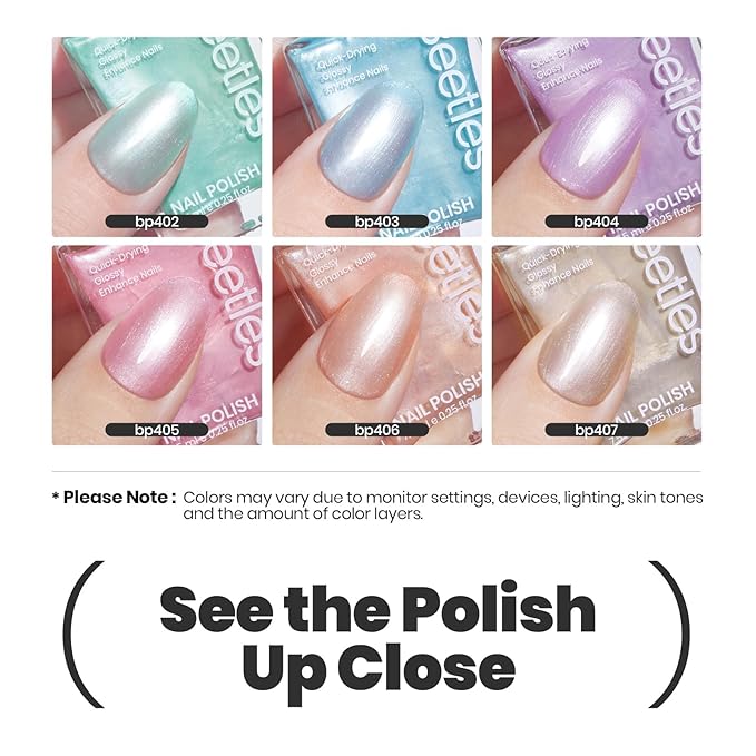 Beetles Nail Polish Set, 6 Colors Pearl Nail Polish Kit Pastel Pearl Shimmer Pink Orange Blue Green Dreamy Swirl Quick Dry Fingernail Polish Gifts for Women Salon DIY Manicure Kit - Easter Nails Art