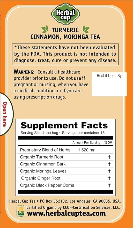 Herbal Cup Ayurveda Turmeric Tea, Organic Cinnamon Moringa, No Caffeine Herbal Supplement (16 Count, Pack of 1)