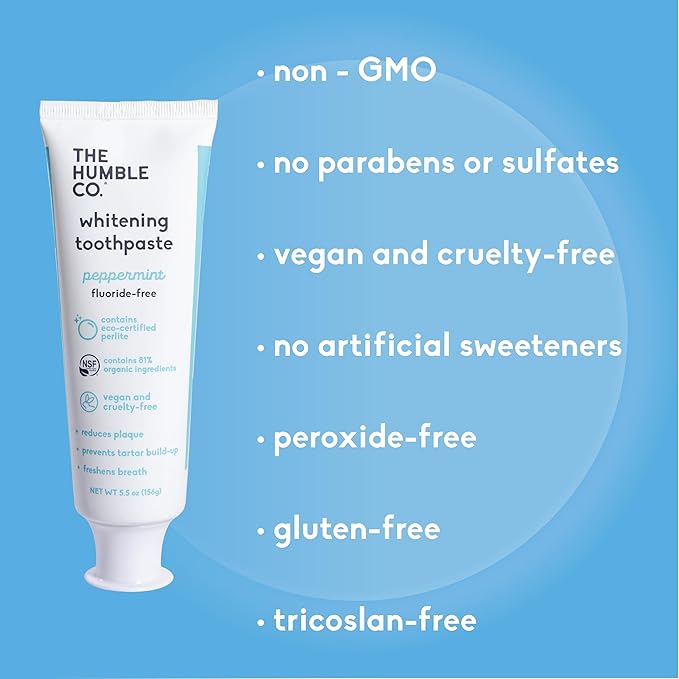 The Humble Co Fluoride-Free Teeth Whitening Toothpaste, Peppermint - Natural Whitening Toothpaste with Xylitol & Eco Certified Perlite for Adults - SLS Free Dental Oral Care & Hygiene - 2 Pack