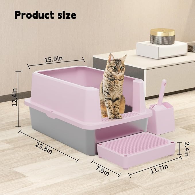 RIZZARI Stainless Semi-Closed Litter Box: High-Sided Open for Large Cats | 304 Stainless Bottom / 6.5" High Splash Guard / Low Front Entry / Spacious for Large Breeds / 30-Second Tool-Free Assembly