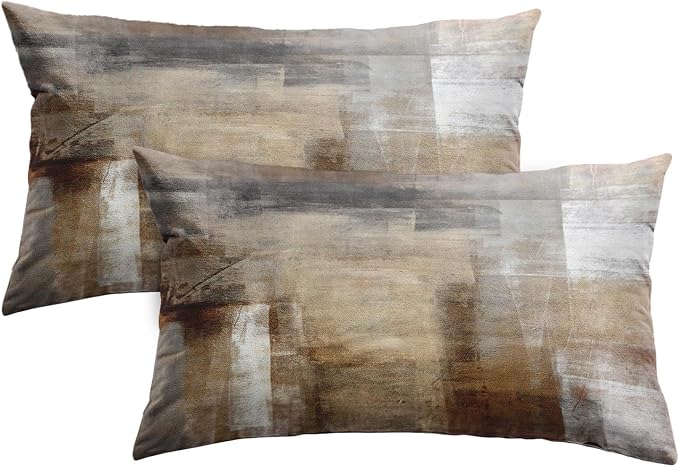 Throw Pillow Covers Set of 2, 12 x 20 Inch, Grey Brown Beige | Abstract Modern Art Outdoor Decorative Square Pillow Cases Couch Cushion Case for Couch Bed Sofa Living Room Home Decor
