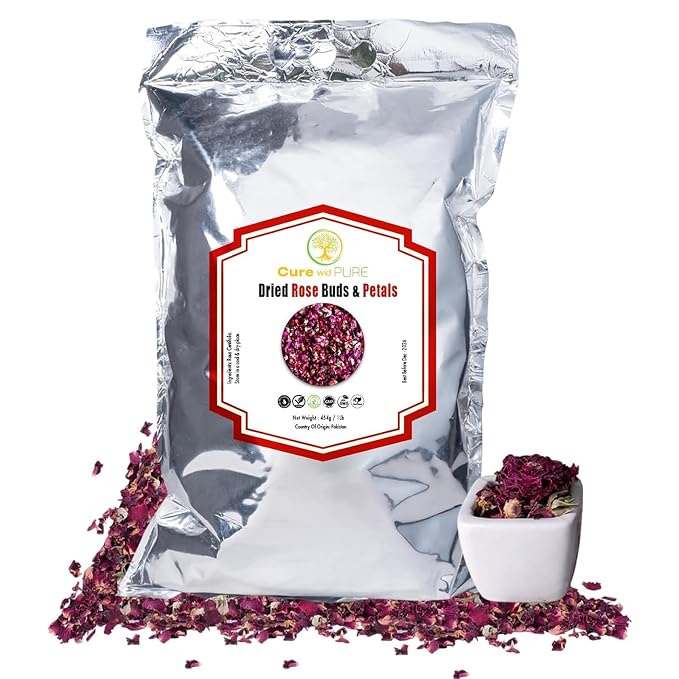 Cure With Pure Dried Rose Buds & Dried Rose Petals 1LB Edible Rosebuds & Dried Roses For Tea, Baking, Relaxing Bath, Rose Water, & Potpourri Handpicked, Preservative Free Edible Dry Rose Petals
