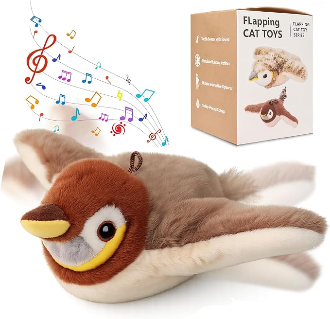 Interactive Chirping Bird Cat Toys with Flapping Wings,No Flying Birds Cats Toy, Flying Simulation Electric Sparrow Shaking Hunting Pet Toy for Indoor (Brown Upgrade)
