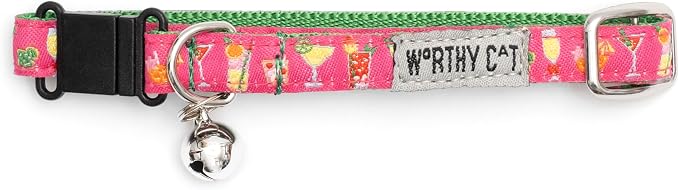 THE WORTHY DOG Summer Patterns, Breakaway Cat Collar, with Bell, Fuchsia
