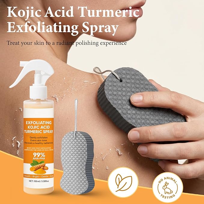 Kojic Acid Turmeric Spray with Sponge, Exfoliating Body Spray with Retinol, Glutathione, Niacinamide, Gentle Exfoliation for All Skin Types, Nourish Skin, Turmeric Peel Shot, 100ml
