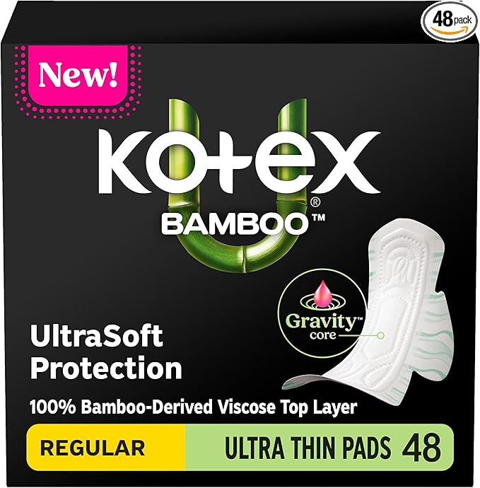 Kotex Bamboo Ultra Thin Pads with Wings, Regular Absorbency, 48 Count (Packaging May Vary)