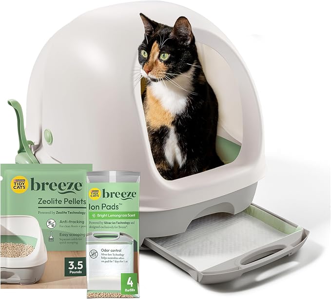 Purina Tidy Cats Breeze Covered Cat Litter Box System Kit | Hooded litter box with scoop, plus Zeolite pellets and cat litter pads, easy-to-use kit for odor control