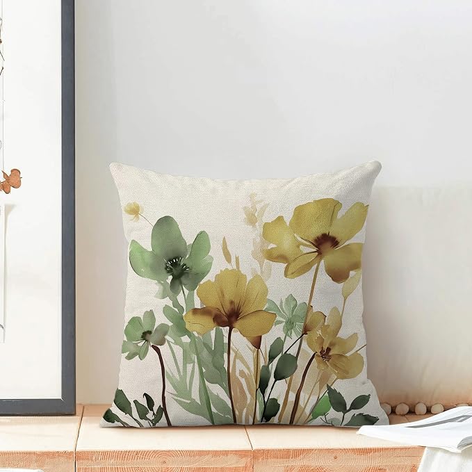 Floral Pillow Covers 16x16 Inch Set of 2 Sage Green Yellow Floral Throw Pillow Cover Outdoor Modern Spring Summer Flower Decoration Pillowcase Farmhouse Decorative Cushion Cover For Home Couch
