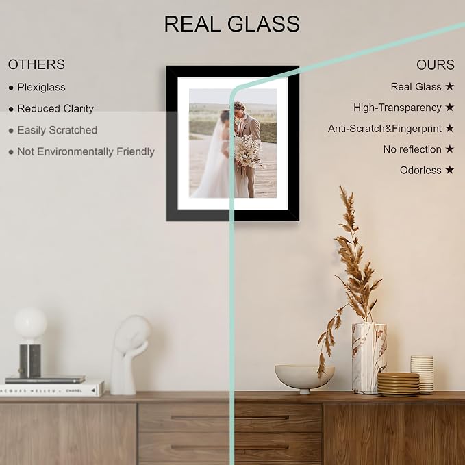 Hongkee 10x12 Picture Frame Set of 4, Made of Real Glass and Black Frame - Display Picture 8x10 with Mat or 10x12 Without Mat, 10 by 12 Photo for Wall Mounting