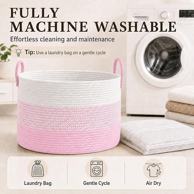 JMvicyroam 65L Extra Large Blanket Basket for Living Room - Woven Cotton Rope Laundry Hamper with Reinforced Handles - Storage Bin for Pillows, Comforters & Toys - Machine Washable,White&Pink Mix