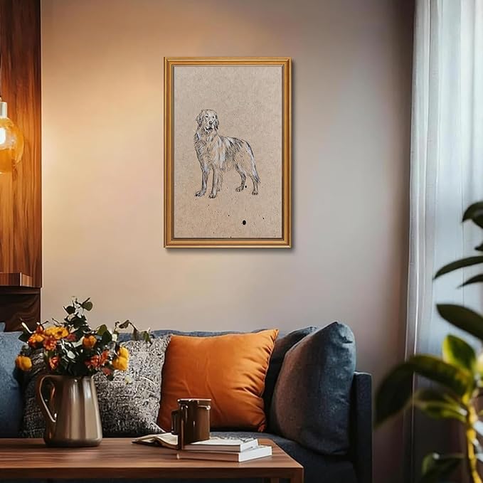 ZLPLLHA Gold Framed Wall Art Vintage Wall Decor Golden Retriever Canvas Art Dog Pet Pictures Portrait Paintings Sketch Artwork Antique Animal Prints For Bedroom Living Room