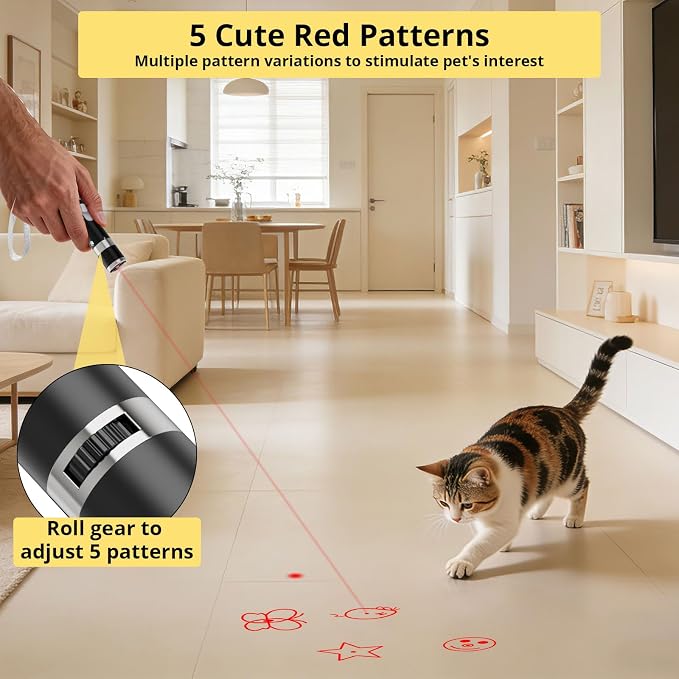 Cat Toy, Distinctive Black Painted Metal Casing with Paw Print Design, USB Rechargeable, 5 Adjustable Light Patterns, Portable Interactive Chase Toy for Indoor Cats & Dogs Training and Exercise
