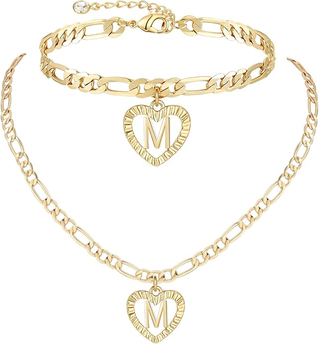 YANODA Gold Initial Pendant Necklace Anklet Bracelet for Women 14K Gold Plated Figaro Chain Letter Initial Heart Necklace Anklets Alphabet Foot Jewelry Personalized Jewelry for Women