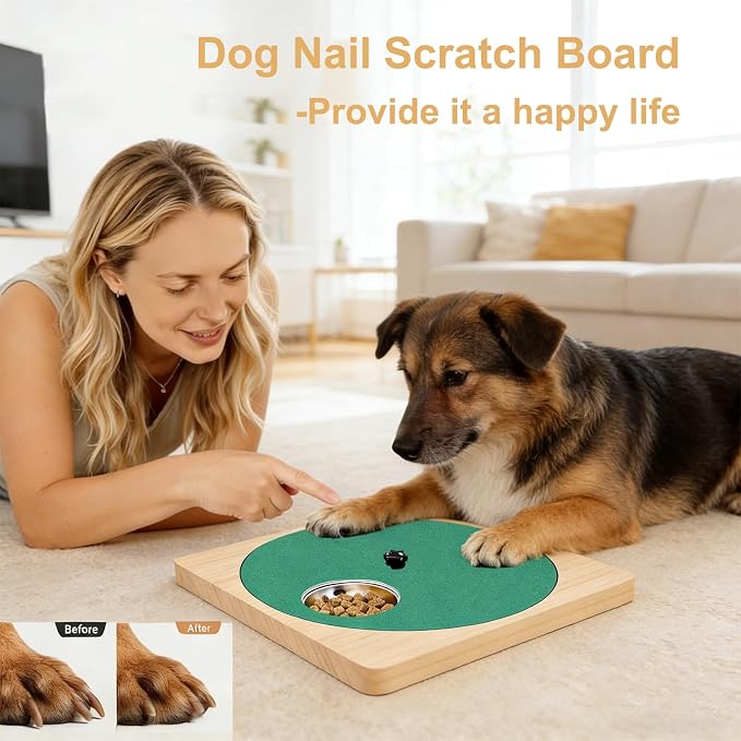 Dog Nail Scratch Board with Treat Board, Stress-Free Nail Care for Dog | Wood Scratching Pad with Sandpaper and 6 Steel Bowls, Nail File Toy for Dog