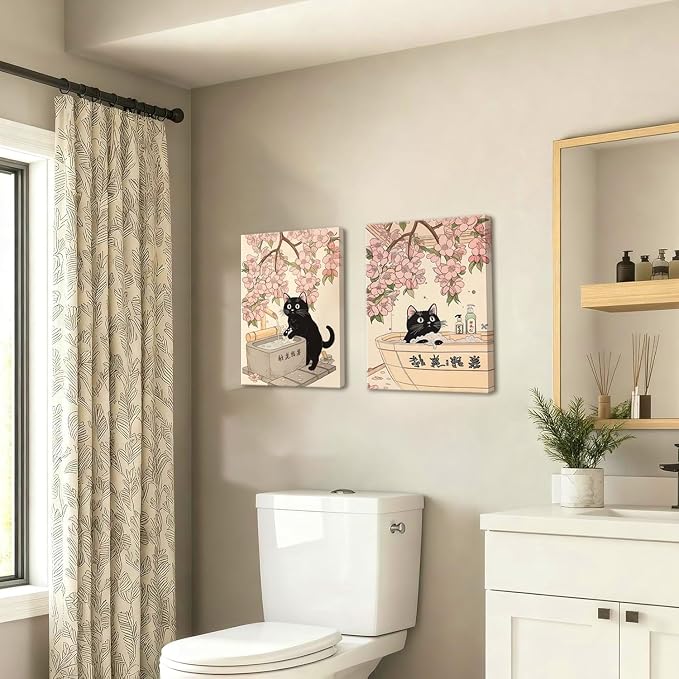Funny Japanese Bathroom Wall Art Set of 3, Whimsical Black Cat Bathroom Wall Decor Painting Cute Japan Animal on Toilet Reading Poster Canvas Prints 12x16 inch Framed