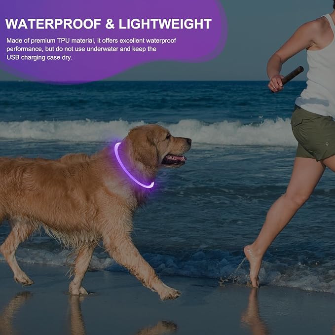 Light Up Dog Collars - Waterproof LED Dog Collar, Glow in The Dark Puppy Collar, TPU Cuttable Lighted Dog Collar for Small Medium Large Dogs (Purple)